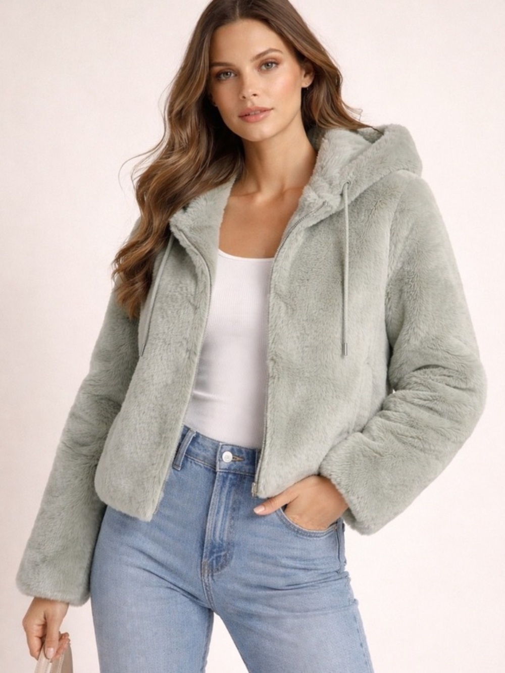 Rachel Zoe plush faux fur sage hooded jacket